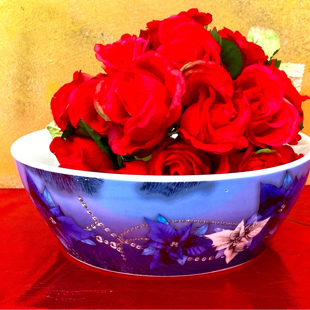 Blue Poinsettia Jingle Bell Garland Bowl